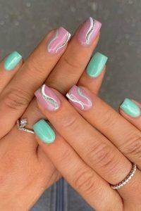 green and pink nails 