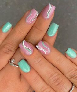 green and pink nails 