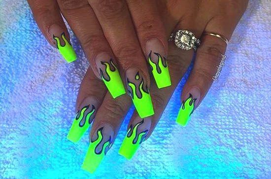 neon green flame nails