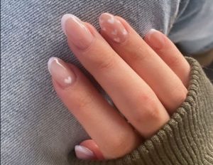 Dainty White Tips with Pale Pink Hearts