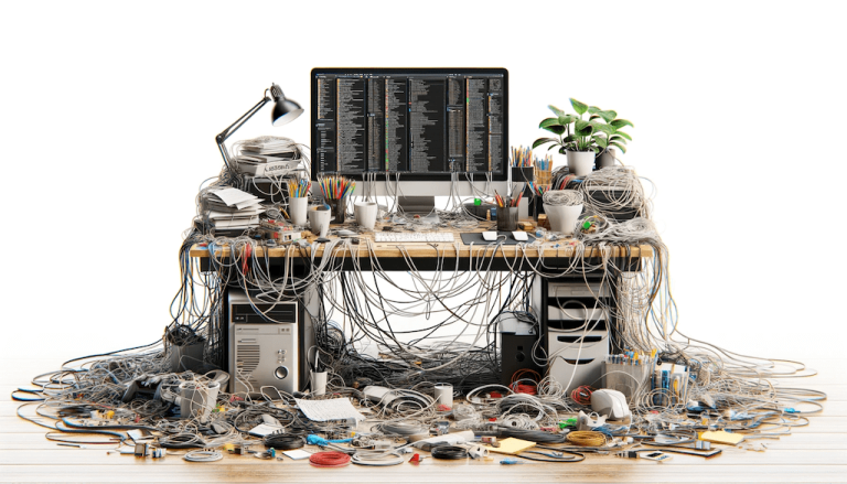 an office desk cluttered with unorganised wires and cables