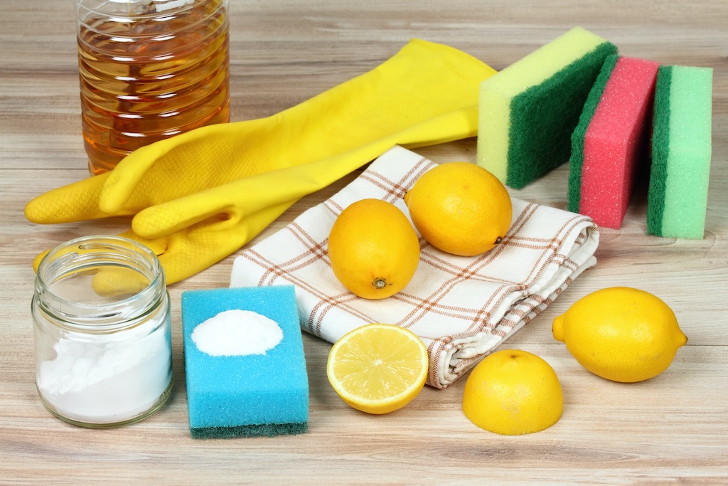 Natural cleaners, baking soda (sodium bicarbonate), vinegar, lemon, salt.