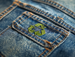 recycled jeans with recycling logo