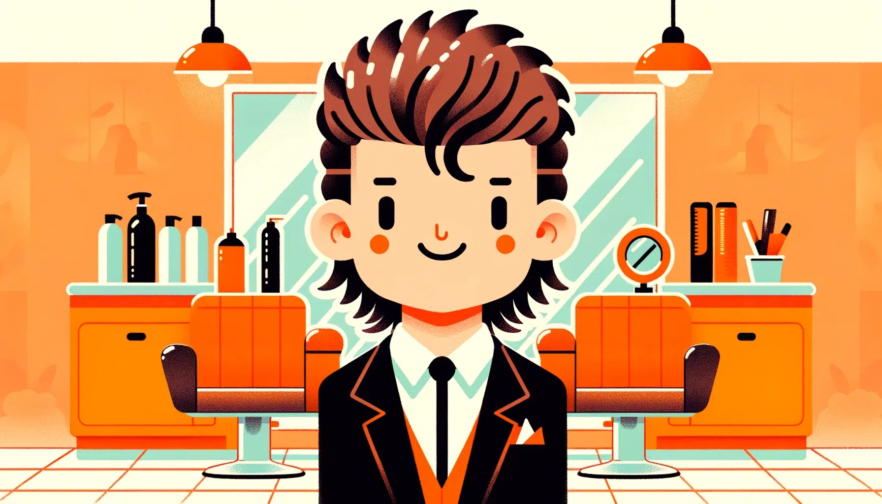 illustration of a stylized character with a short mullet haircut, standing inside a hair salon.