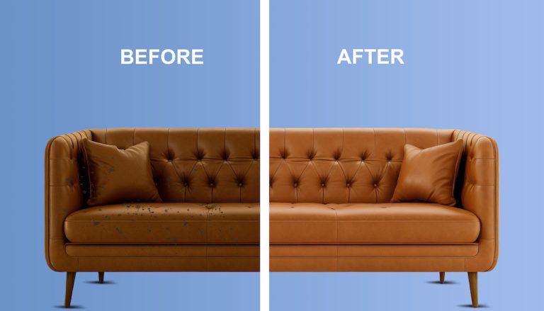 Before and after cleaning sofa. Blue soft sofa dirt. dirty half and clean half. dry cleaning company
