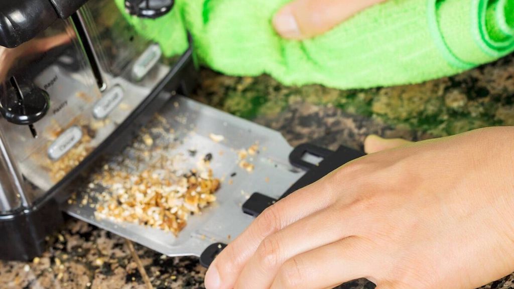 Photo of female hand cleaning bottom of kitchen toaster tray