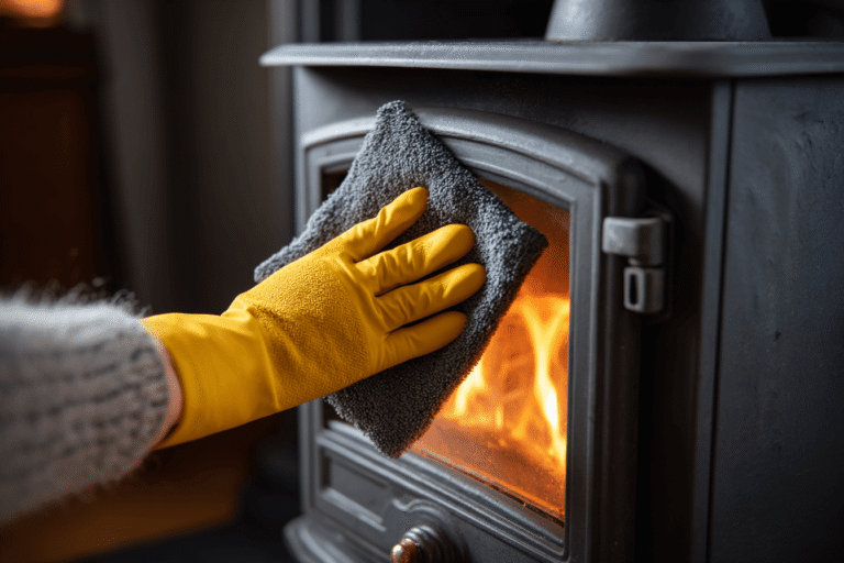 cleaning glass on log burning stove