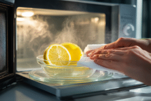 cleaning microwave oven with lemon