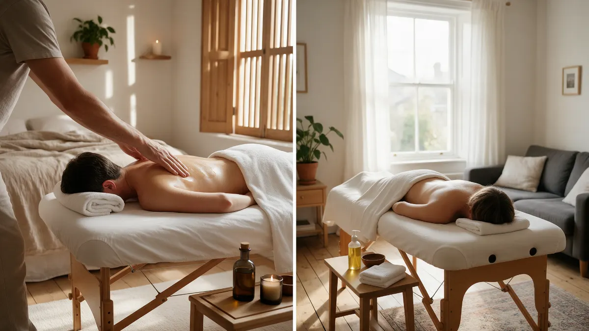 Californian massage session on a massage table at home