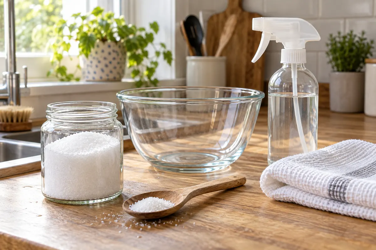 Citric acid in a jar with a glass bowl and spray bottle on a worktop