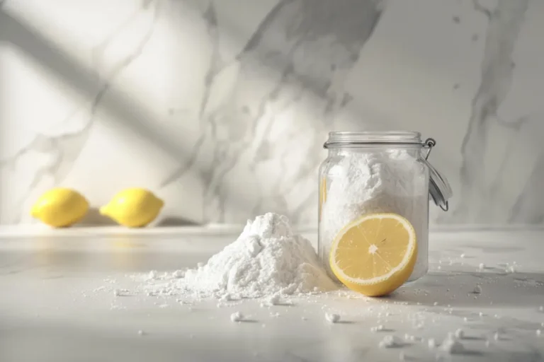 Citric acid powder and lemons on a marble worktop