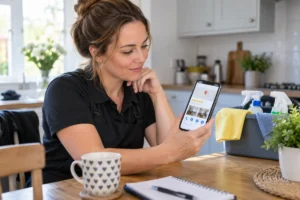 Cleaner checking her profile on a smartphone at a kitchen table