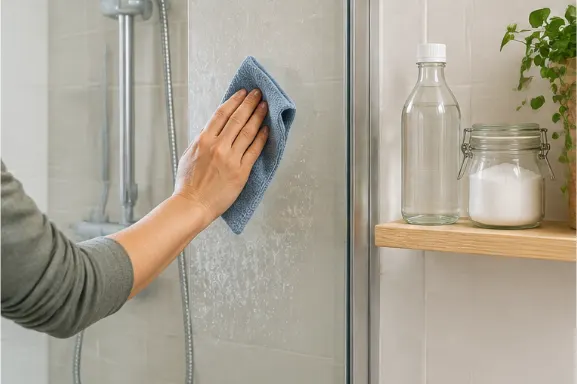 Cleaning a glass shower screen with a cloth