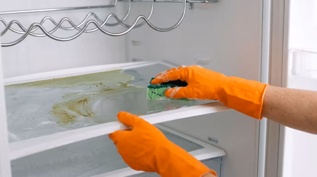 hand cleaning a fridge