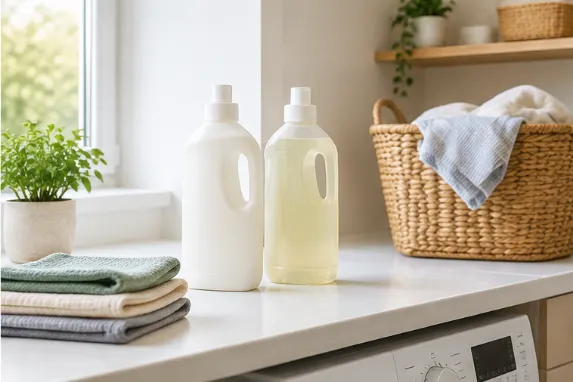 Eco-friendly laundry detergent bottles beside a washing machine
