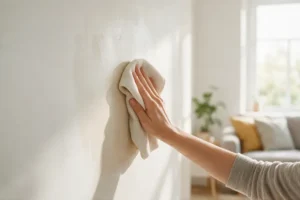 Gently wiping a painted wall with a soft cloth
