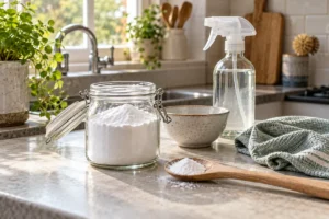 Jar of bicarbonate of soda with a spray bottle on a kitchen worktop