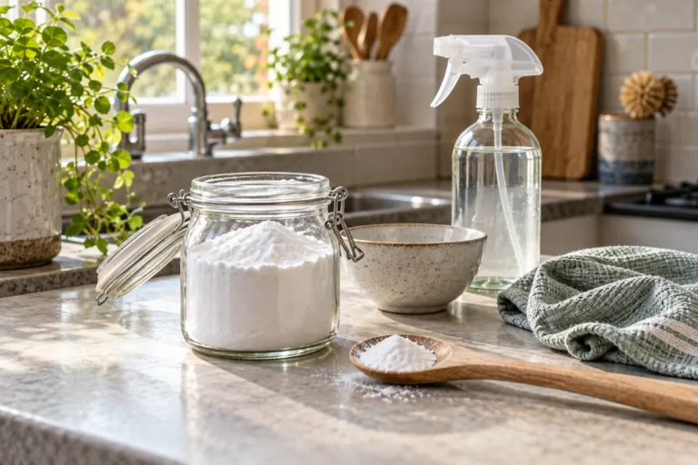 Jar of bicarbonate of soda with a spray bottle on a kitchen worktop