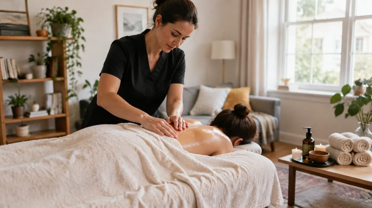 Massage therapist giving a back massage at home
