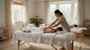 Massage therapist giving a relaxing massage at home