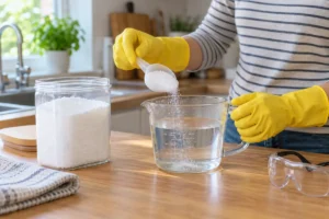 Preparing a soda crystals solution in a measuring jug while wearing gloves