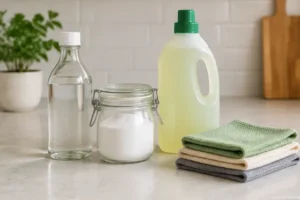 White vinegar, bicarbonate of soda and washing-up liquid on a kitchen worktop