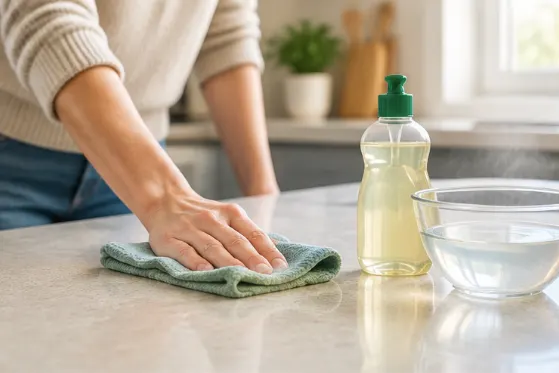 Wiping a kitchen worktop with a cloth and a mild washing-up liquid solution