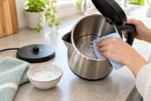 Wiping the inside of a kettle after descaling with bicarbonate of soda