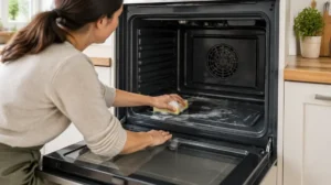 Woman cleaning the inside of an open oven with a sponge