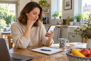 Woman comparing cleaning prices on her phone at home
